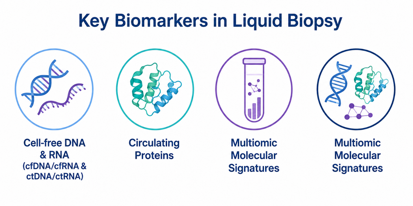 Diagram of key biomarkers in liquid biopsy, including cell-free DNA and RNA (cfDNA/cfRNA and ctDNA/ctRNA), circulating proteins, and multiomic molecular signatures.