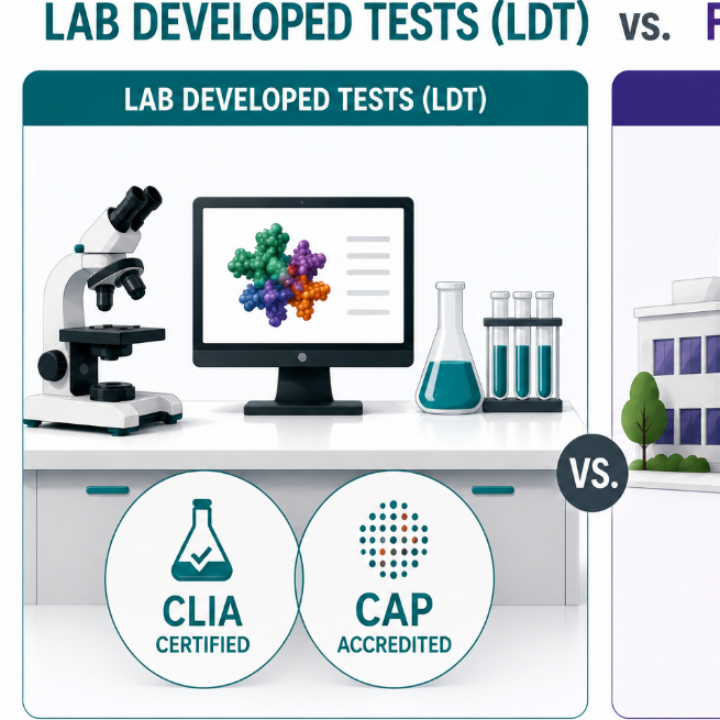 Comparison between laboratory-developed tests (LDT) and FDA-approved tests, highlighting their certification and accreditation differences.